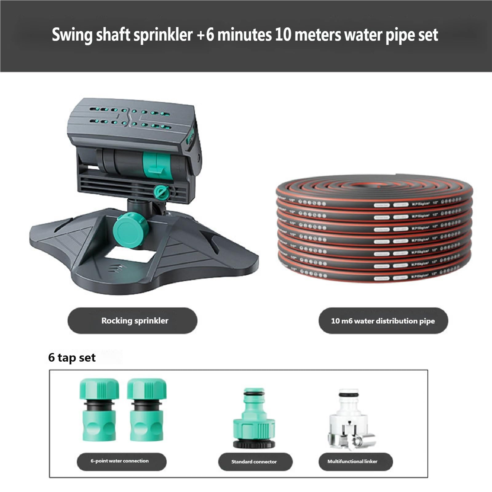 Arroseur de Jardin Réglable, Système d’Arrosage de Pelouse à Rotation 360°, Base Lourde pour Cour, Tuyau d’Extérieur et Irrigation(6 Points,10M)