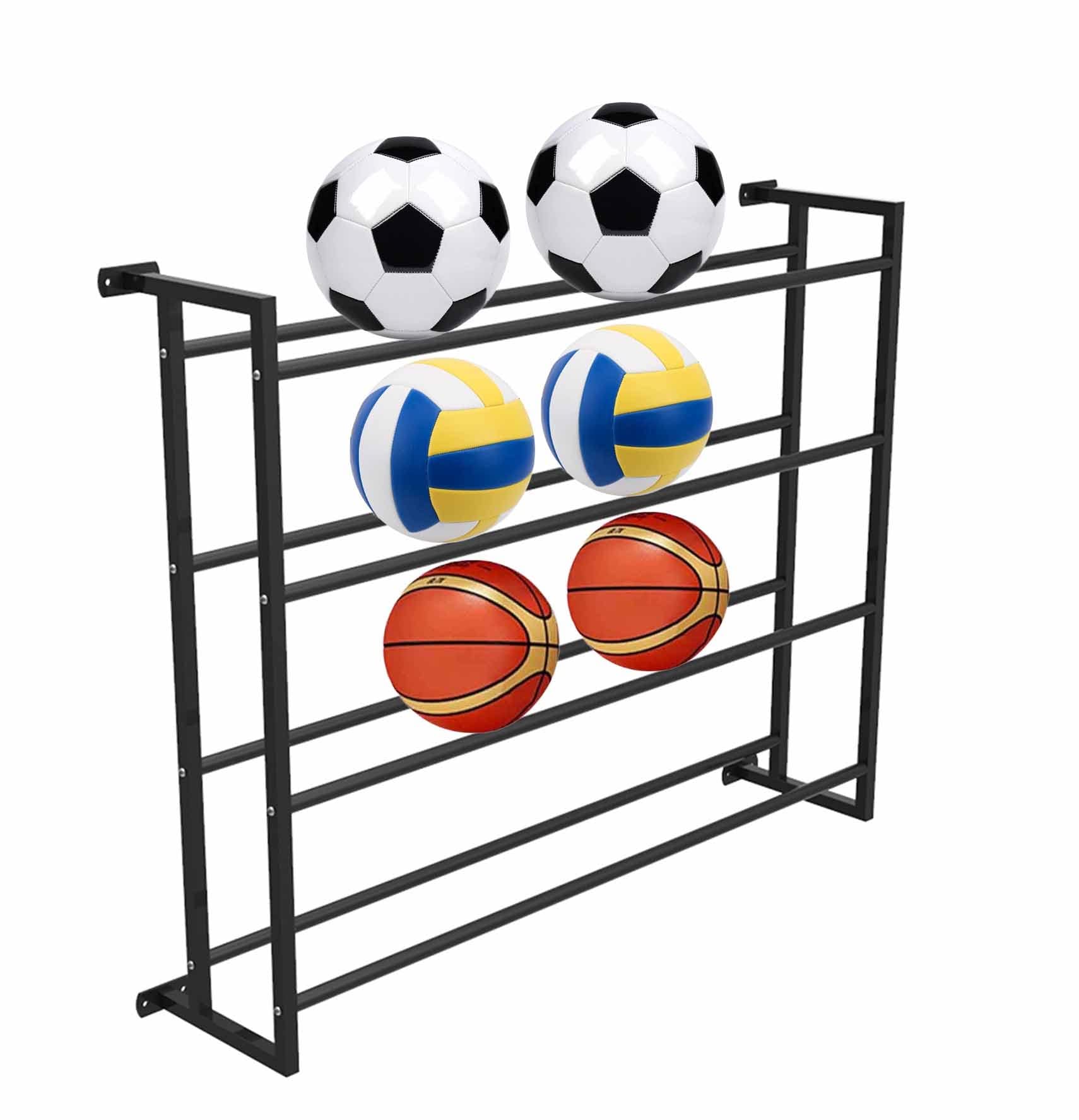 Naścienny stojak do koszykówki, 4-poziomowa półka do przechowywania piłek, czarny, mieści do 20 piłek w rozmiarze 7, idealny do prezentacji sprzętu sportowego i prezentacji piłek do koszykówki
