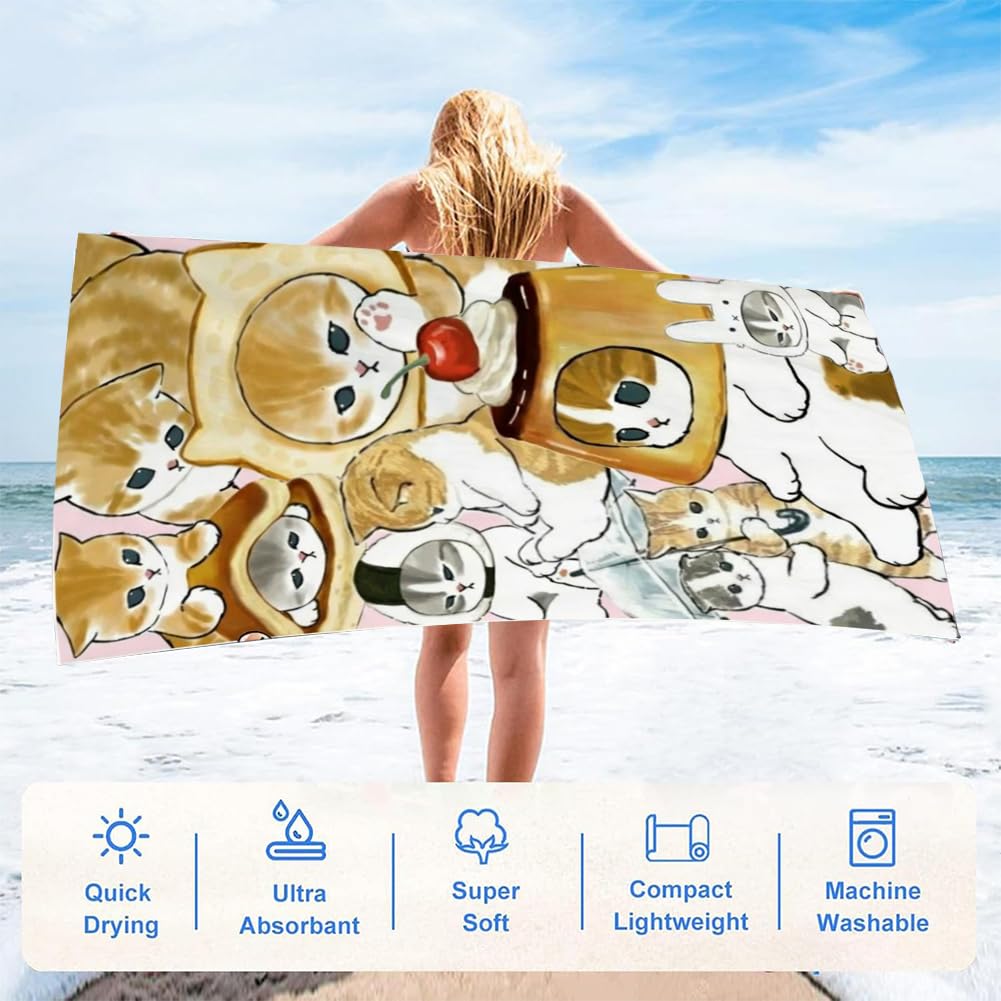 Gatto Telo Mare, Gatto Coperta da Spiaggia Asciugamano Microfibra Telo Antisabbia Mare Teli Bagno Antisabbia Spiaggia Asciugamano per Piscina, Sport, Campeggio, Picnic (75x150cm)