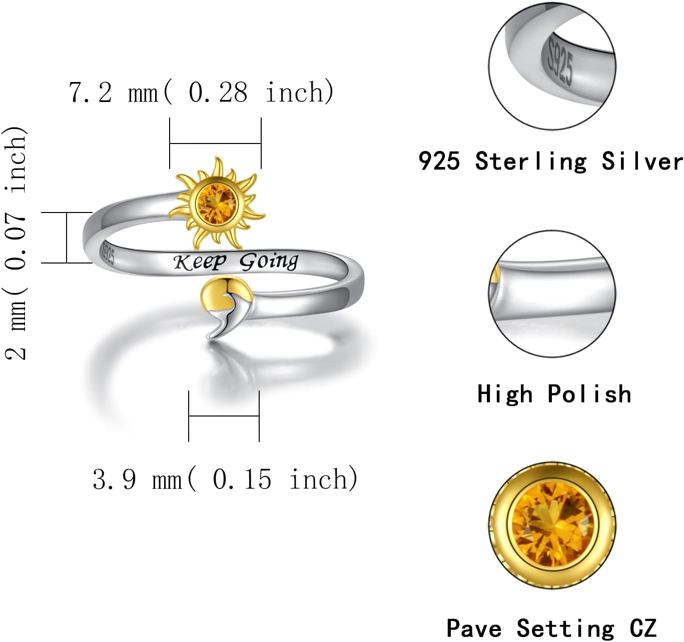 925 Sterling Silver Semicolon Ring - Gold Sun Wave Rings Engraved Keep Going Jewelry Inspirational Gifts for Women