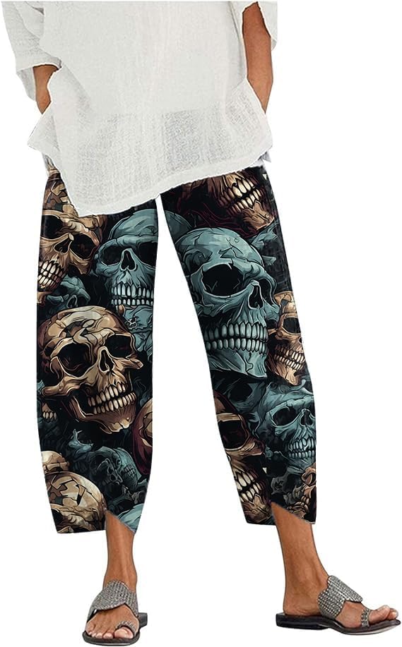 domirica Loose Pants for Women Dressy Lounge Pants Summer Casual Elastic Waist Cotton Trouser Daily Cropped Wide Leg Pants