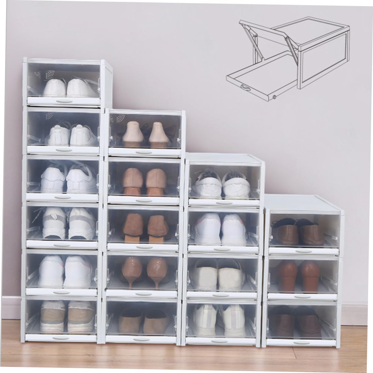 Levemolo 3pcs Plastic Shoebox Storage Box Women's Shoes Organizer Drawer Type Shoe Cabinet Grey