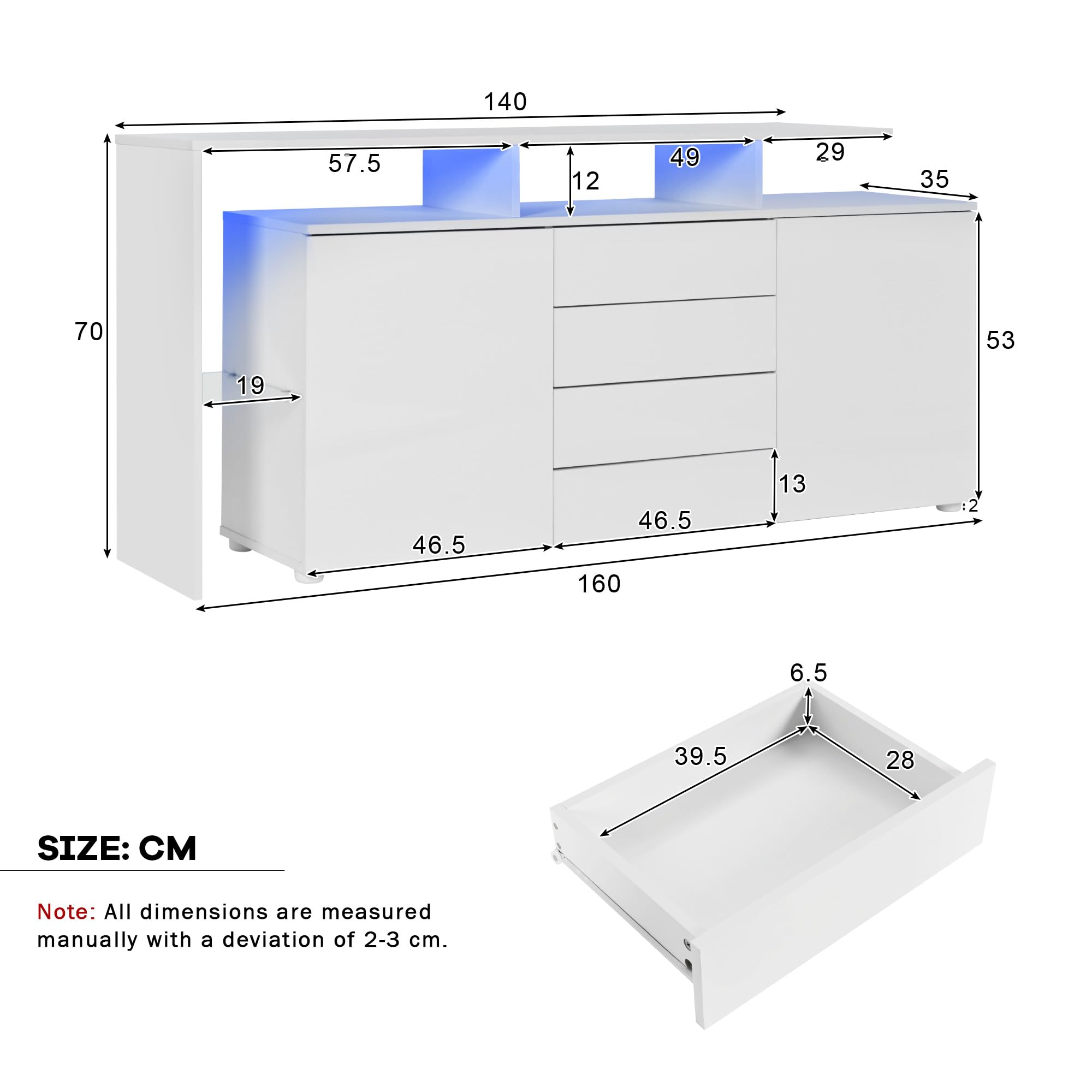 Credenza Soggiorno Moderno Lucida, Credenza Cucina Bianca con LED, Mobile Soggiorno Contenitore Buffet Cucina Salvaspazio con 2 Ante e 4 Cassetti, con Divisori in Vetro, Bianco, 160x35x70cm