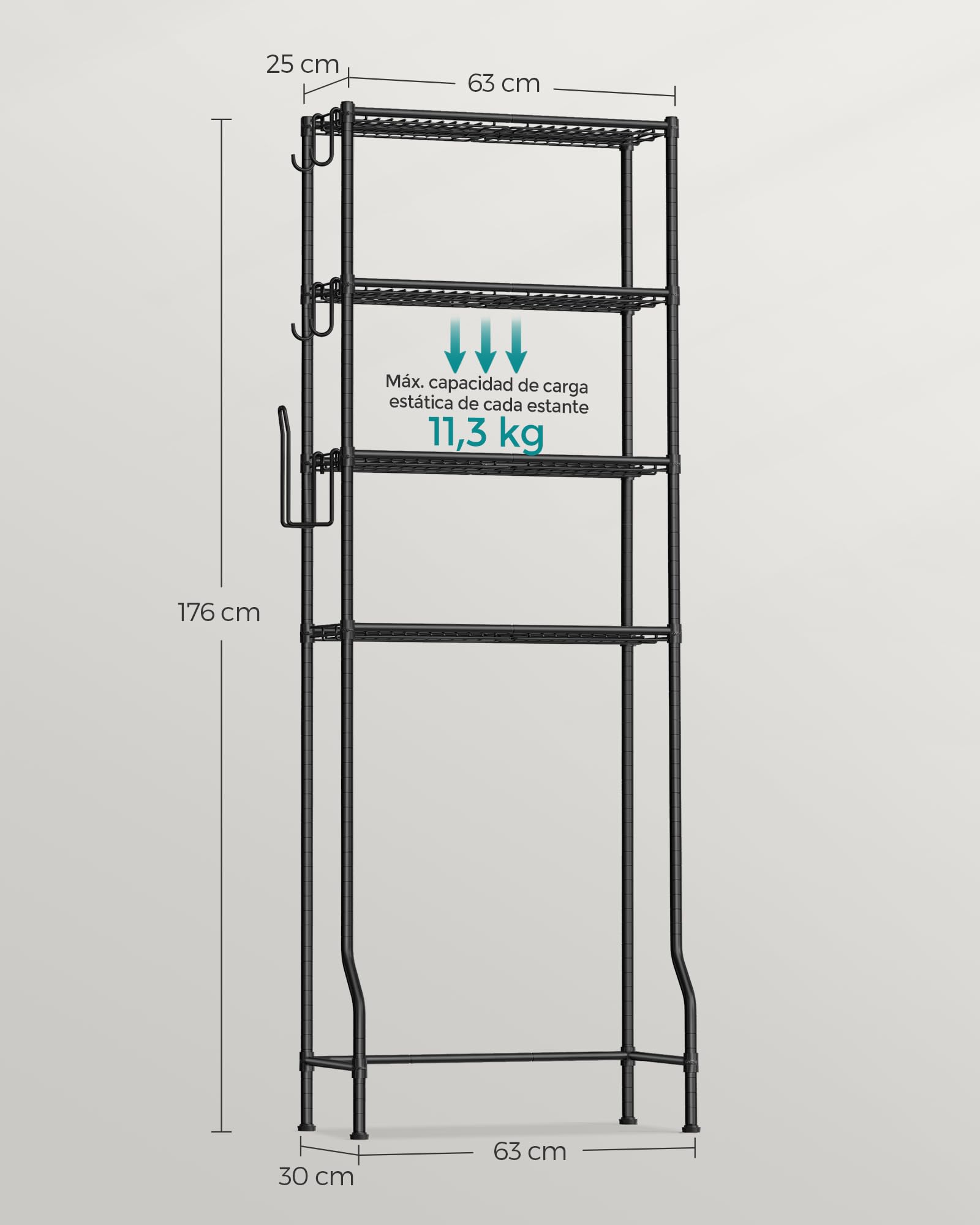 SONGMICS Estantería de Inodoro de 4 Estantes, Estante de Metal para el Baño, Estantes Ajustables, con 4 Ganchos y Portarrollos, Ahorra Espacio, 30 x 63 x 176 cm, Negro BTS013B01