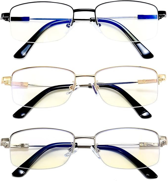 3Pack Reading Glasses For Men Women Blue Light Blocking Half Metal