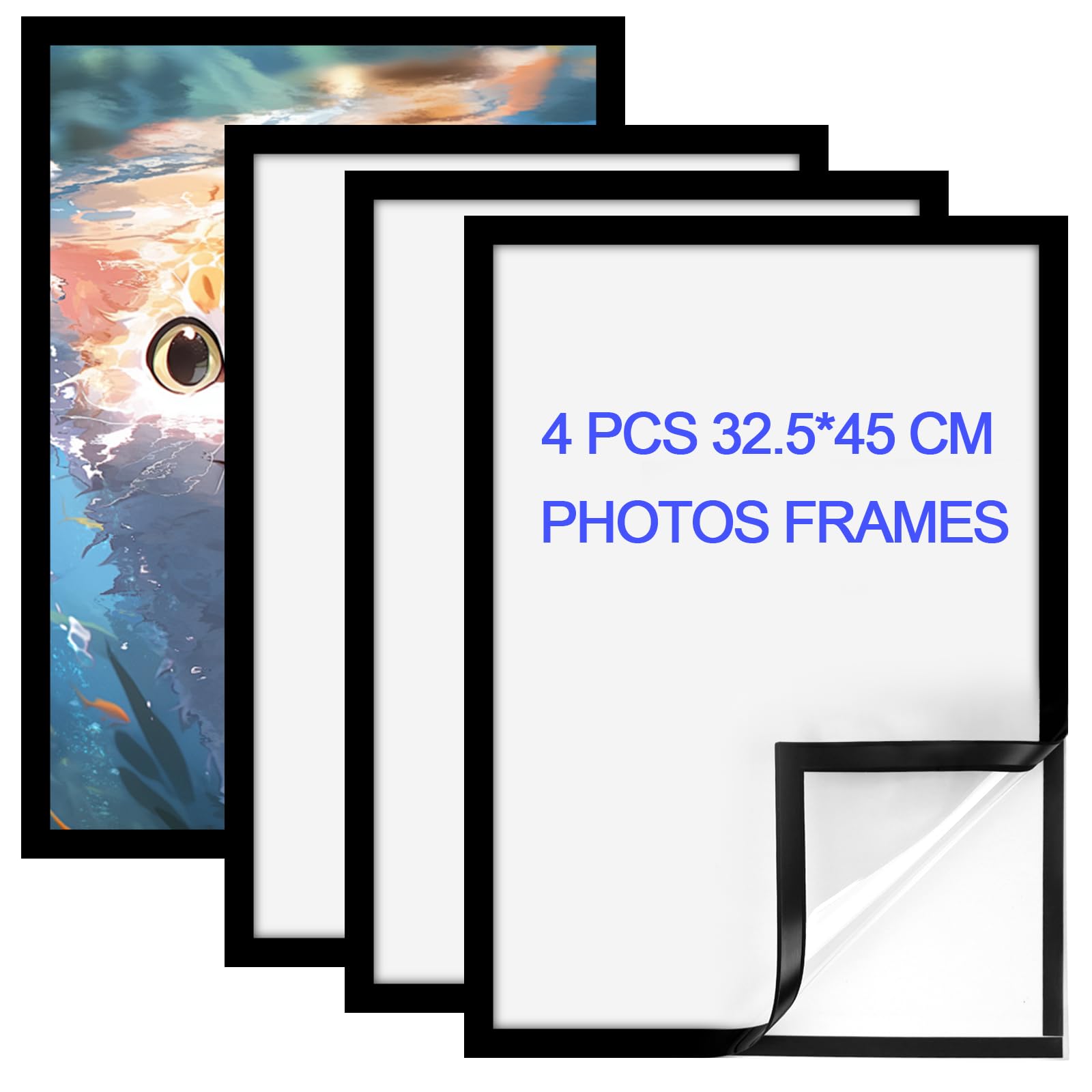 Pack de 4 marcos magnéticos A3, marco autoadhesivo con cierre magnético, porta hojas de bolsillo para marcos informativos, formato A3 32,5x41,5 cm con borde negro