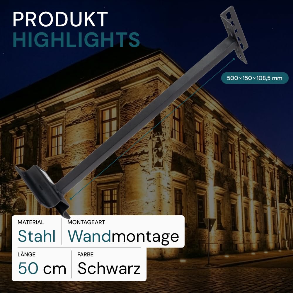 LUXULA Wandhalterung für LED Fluter 15x50cm schwarz 6 Stück - Ausleger Wandarm für LED Strahler außen & Baustrahler - stabile Stahl Halterung zur Wandmontage, Ausleger für Hof, Einfahrt, Garage