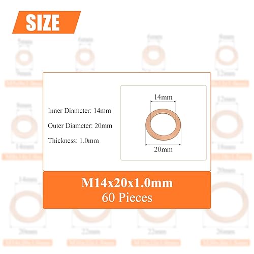 Vista 15 de Juego surtido de arandelas de cobre, 300 piezas, 12 tamaños, kit de arandelas métricas de cobre