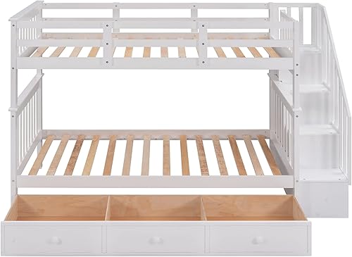Miniatura 50 de Merax Litera de escalera individual sobre matrimonial con nido, escalera de almacenamiento y barandilla de longitud completa, litera de