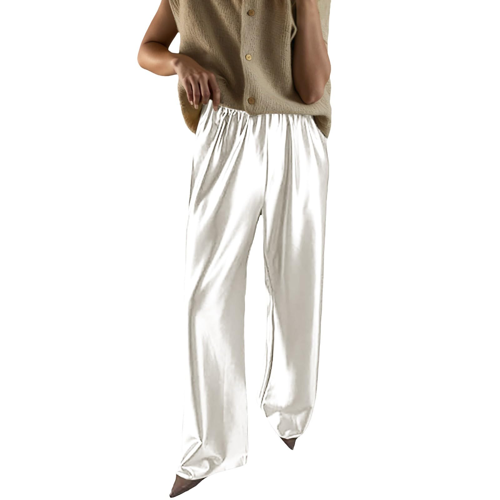 Fakanhui Pantaloni Donna A Vita Alta In Raso Di Seta - Eleganti Con Tasche, Taglia S, Bianco/Nero