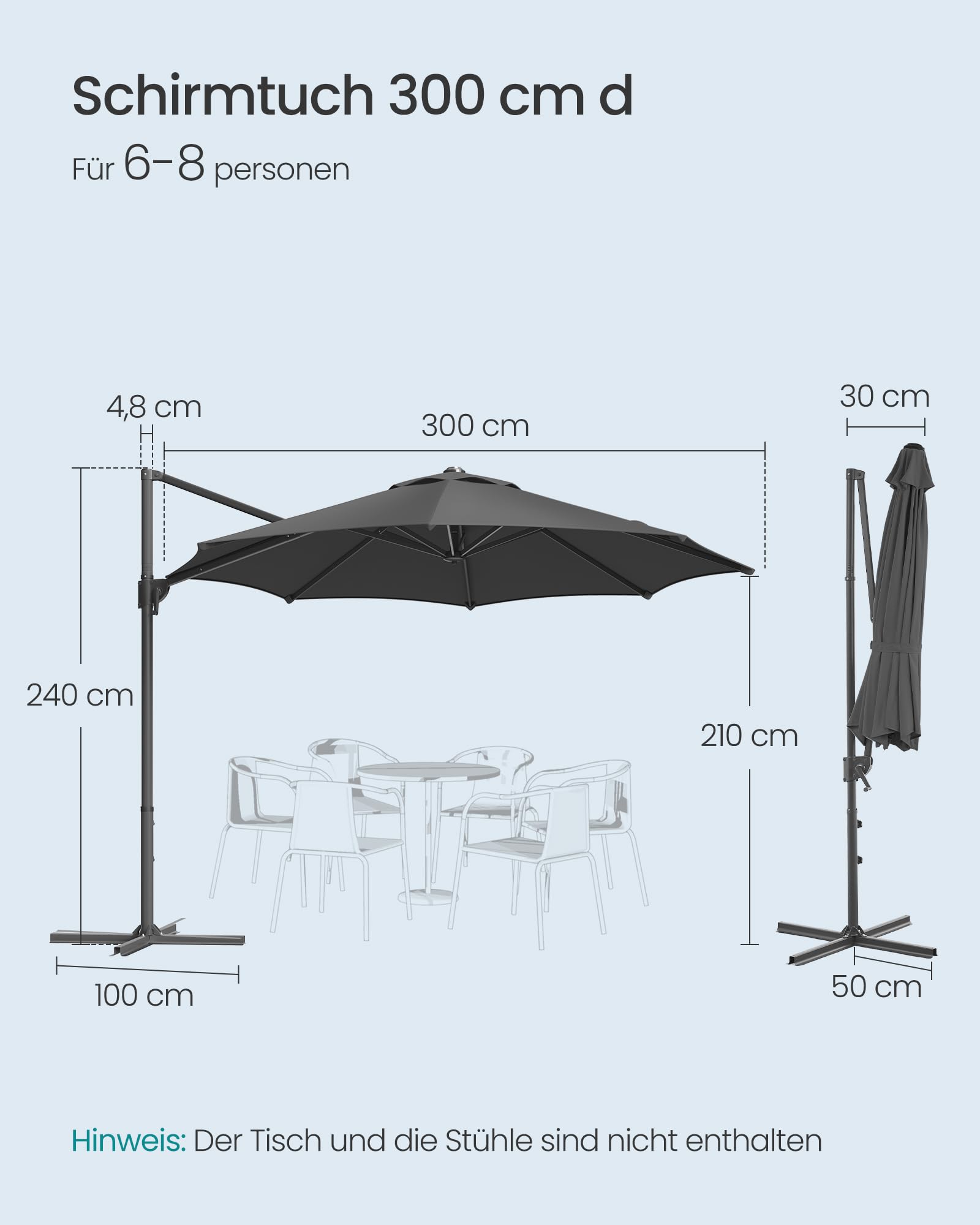 SONGMICS Sonnenschirm, Ampelschirm, 300 cm, UPF 50+, Gartenschirm, um 360° drehbar, Neigungswinkel stufenlos verstellbar, mit Kurbel, Kreuzfuß, grau GPU074G02