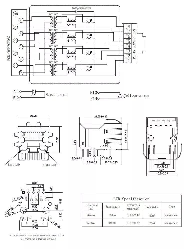 Jack PCB RJ45 con linguetta schermata magnetica 1000 Base-T Cat 7 cat8 singola porta-100 PCS