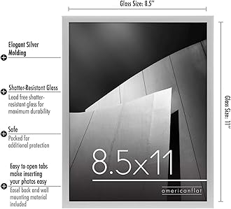 Americanflat 8.5x11 Picture Frame with Shatter-Resistant Glass - Streamline Collection - Thin Border Photo Frame for Tabletop and Wall Display - Hanging Hardware and Easel Stand Included - Silver