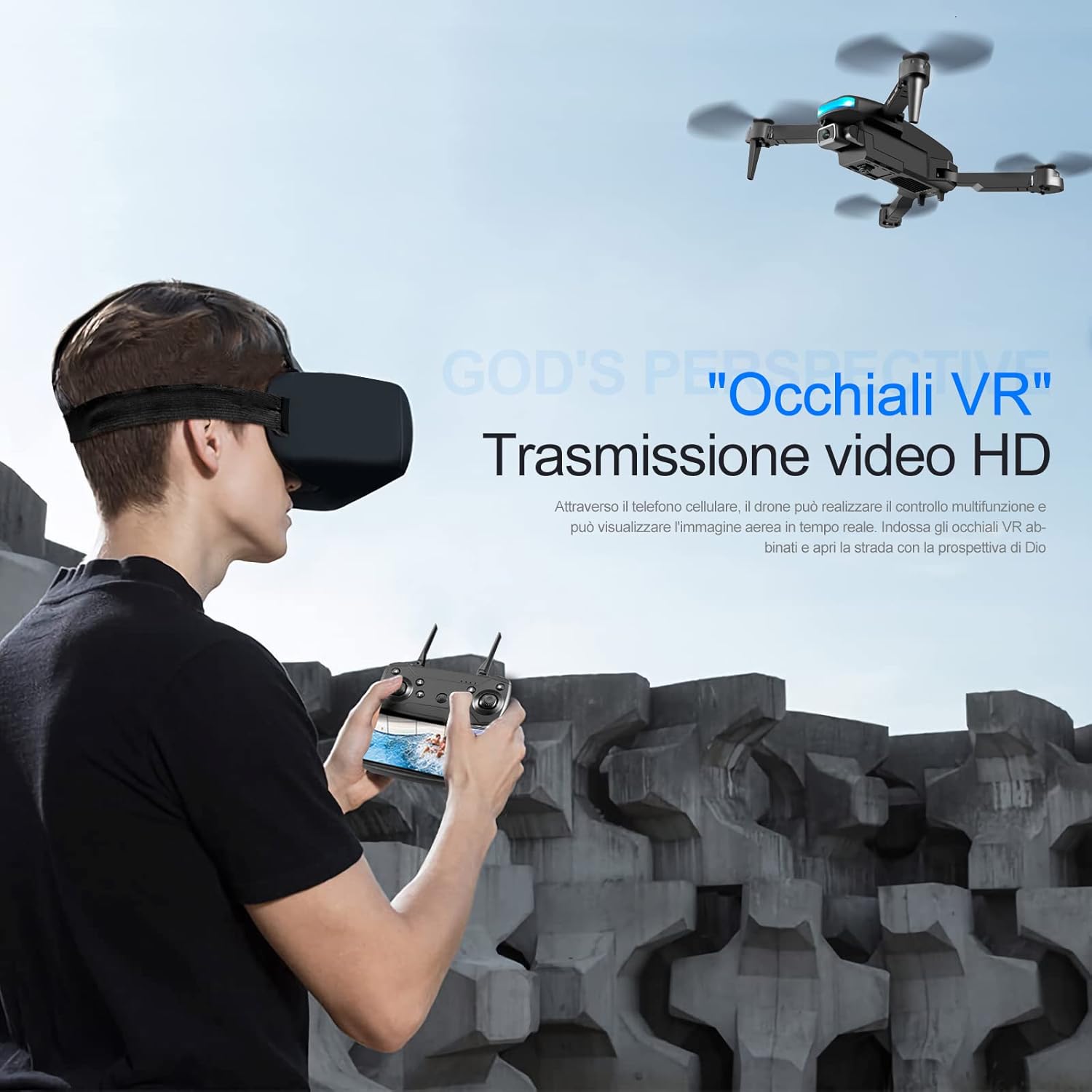 Person wearing VR glasses while operating drone