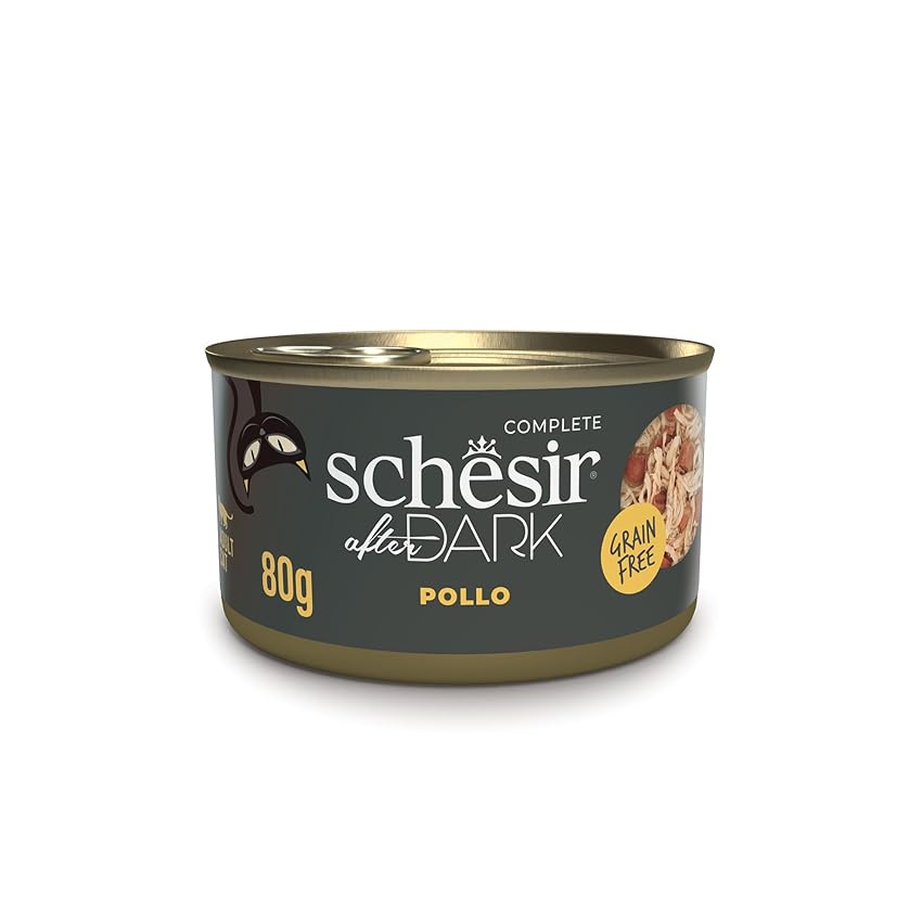 Schesir After Dark, Filetti di Pollo in Brodo, Alimento Umido Completo per Gatti, in Lattina, Grain Free, Alto Contenuto di Proteine, Fonte di Idratazione, 12 x 80 g