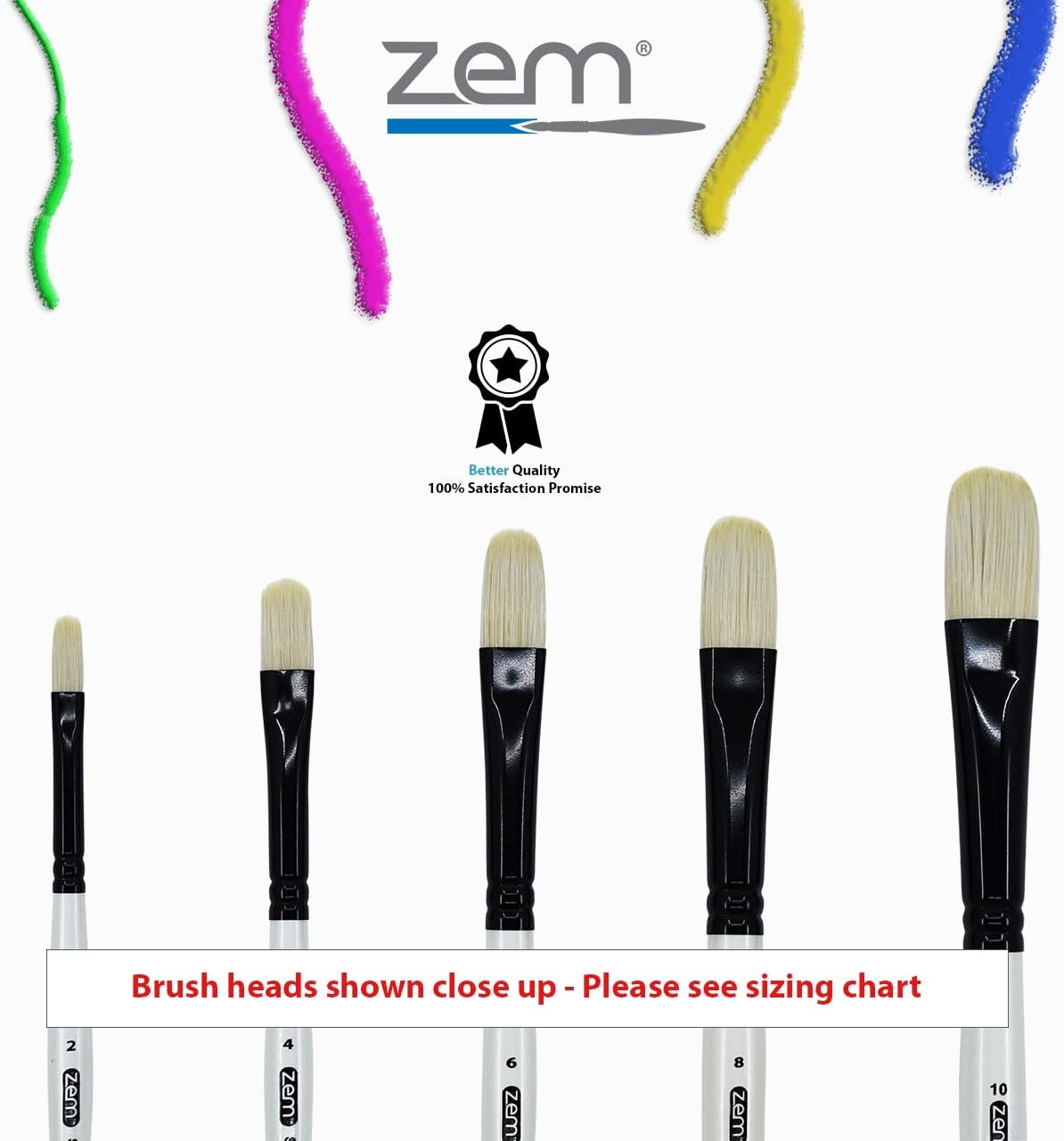 ZEM Brush White Hog Bristle Synthetic Filberts Artist Brush Set 5 pcs Sizes 2 4 6 8 10 | Acrylic and Oil