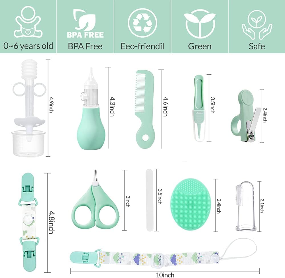 11 in 1 Baby Grooming Kit, Baby Care Kits with Infant Hair Comb Nasal Aspirator Medicine Dispenser Nail Clippers Brush Toddler Nursery Health Care Set - Newborn Boys Girl Shower Gift (Green) : Baby