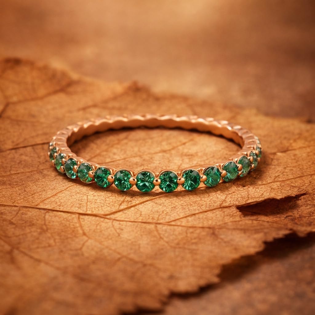 Round Cut Green Emerald Full Eternity Band For Women 14K Rose Gold May Birthstone Stackable Wedding Band Dainty Anniversary Jewelry Gift For Her