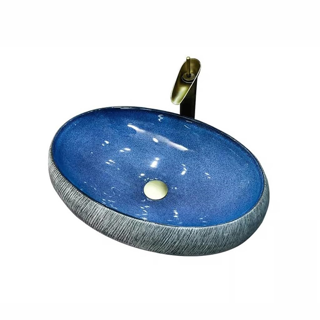 WDSOPK Sink Vessel Household Large Size Single Basin Ceramic Retro Above Counter Round Art Wash Sink,One Color-B