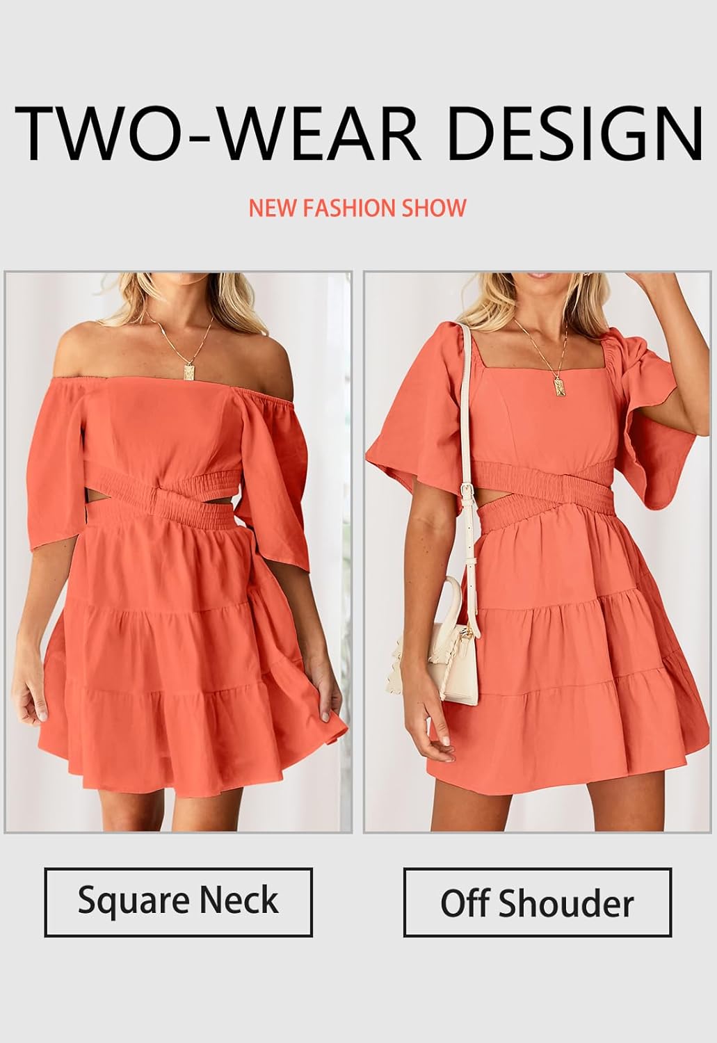 OWNGIGI Women's Summer Dresses Square Neck Short Sleeve Cutout Crossover Elastic Waist Casual Party A-Line Mini Dress - Image 5