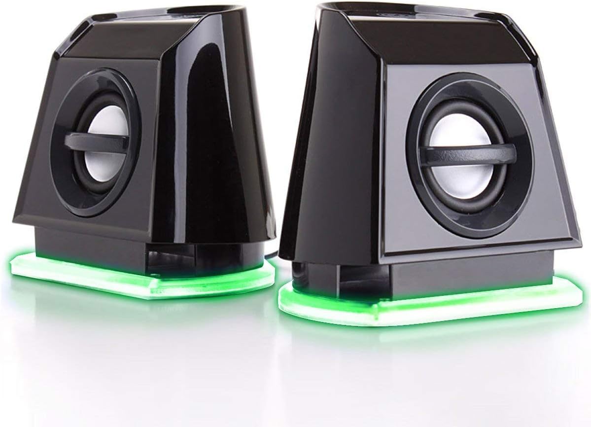 GOgroove 2MX LED Computer Speakers with Passive Woofer, Green Glowing Lights and 2.0 Stereo Sound - Wired 3.5mm Audio Input Connection, USB Powered for PC, Desktop and Laptop Computers
