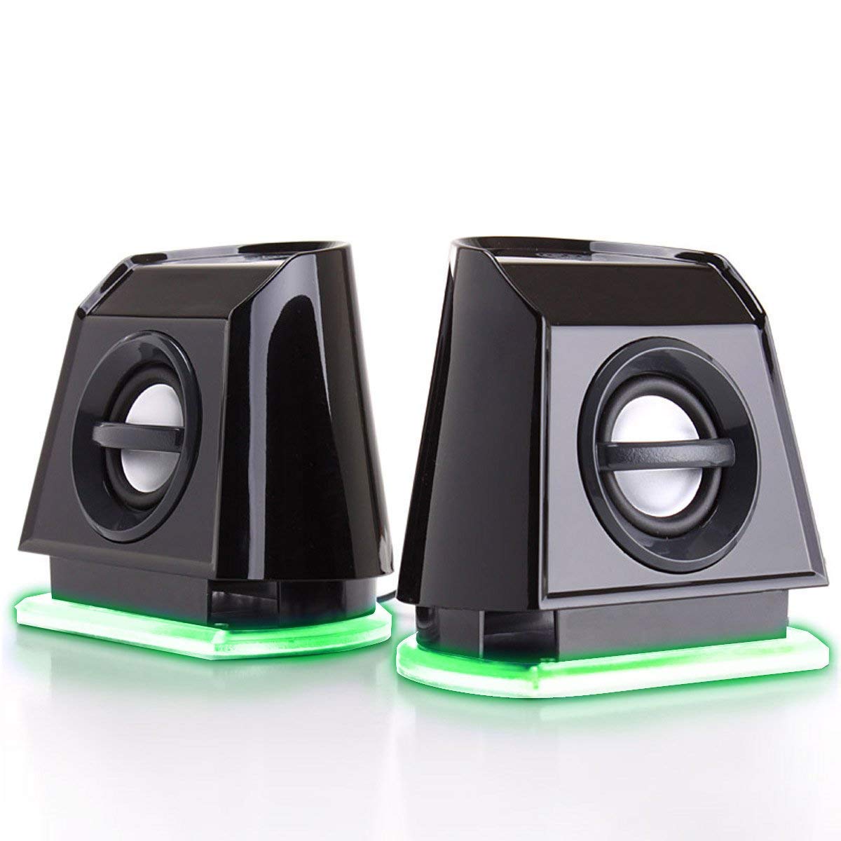 GOgroove 2MX LED Computer Speakers with Passive Woofer, Green Glowing Lights and 2.0 Stereo Sound - Wired 3.5mm Audio Input Connection, USB Powered for PC, Desktop and Laptop Computers