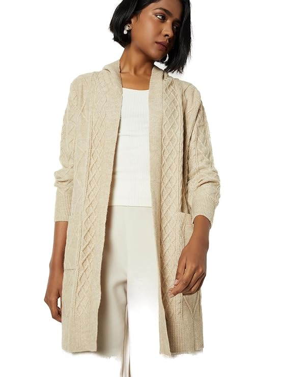 Buy Max Women Knit Hooded Longline Cardigan(Beige_L) at Amazon.in