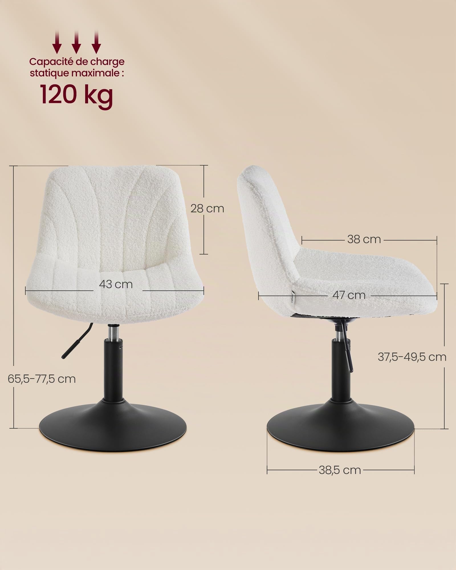 VASAGLE Tabouret Coiffeuse, avec Dossier, Chaise Coiffeuse Hauteur Réglable, Rotation à 360°, pour Chambre, Salle à Manger, Tissu Peluche, Blanc Crème LJB160WD01