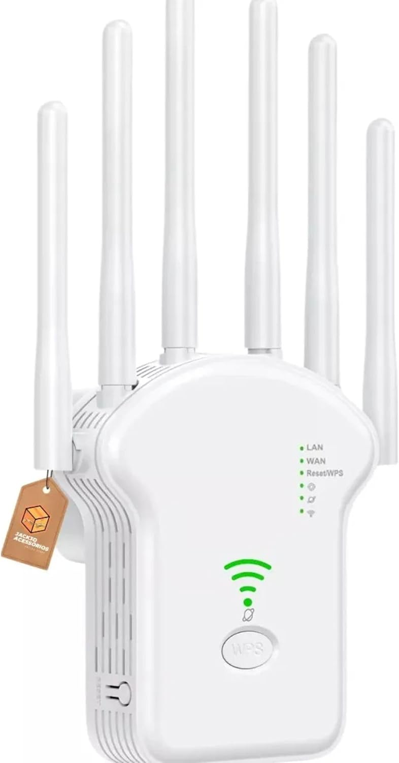 Front view of the MY7254 WiFi Repeater with 6 antennas, showing LED indicators for LAN, WAN, Reset/WPS, and signal strength, along with the WPS button.