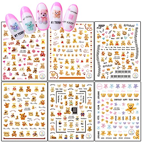 6 Sheets Cute Bear Nail Art Adhesive Sticker Colorful Bear Nail Decals 3D Nail Art Design Holographic Bear Heart Nail Art Sticker Decoration for Women Girls Manicure Tips DIY Nails Art Supplies