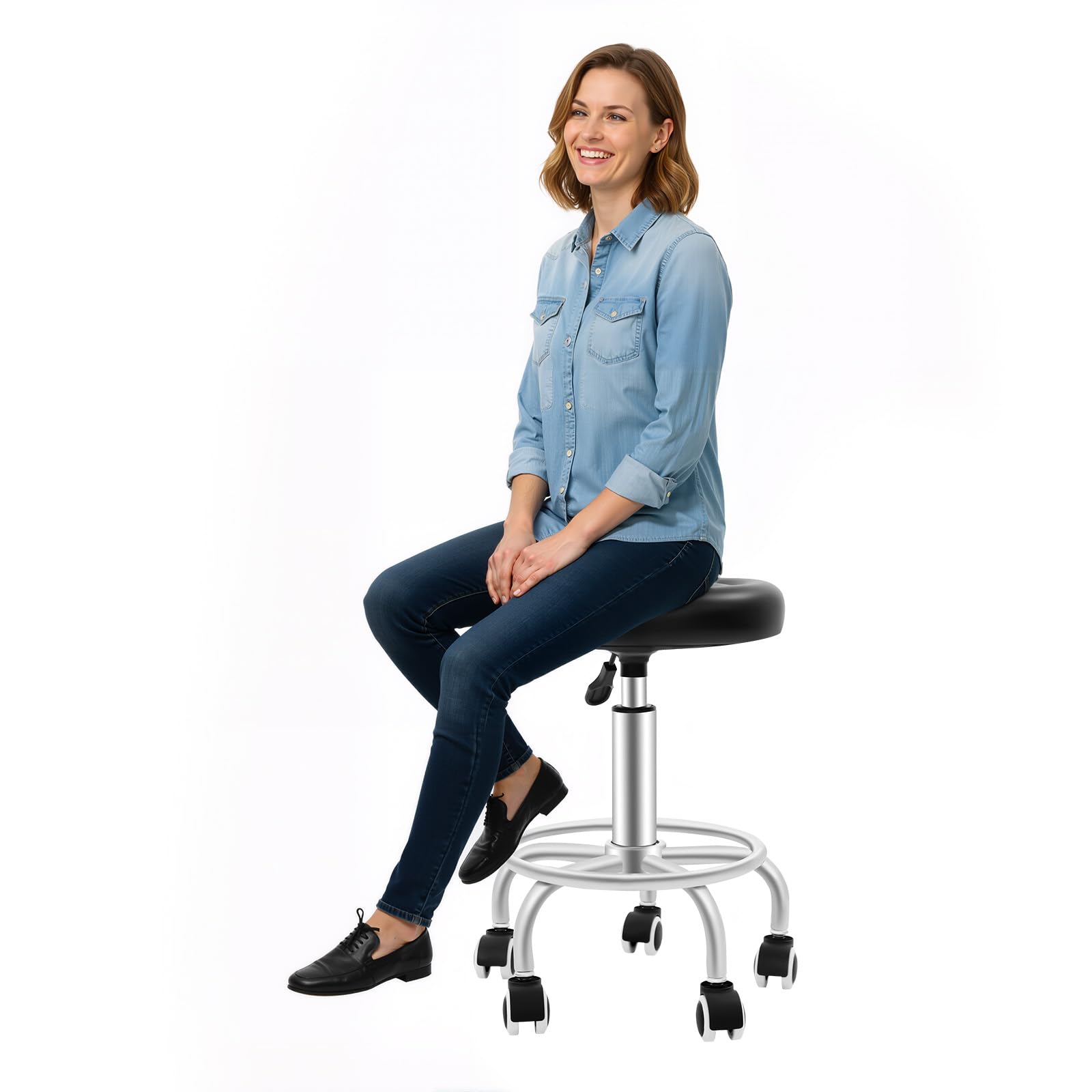 Sgabello girevole a 360°, altezza regolabile 44-57 cm, sgabello da lavoro con ruote, sgabello da ufficio per salone, casa e ufficio, fino a 150 kg