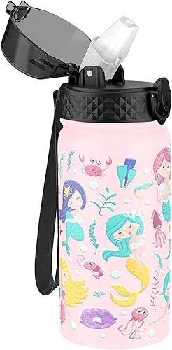 GOPPUS Botella de agua aislada para niños, 14 onzas, sin BPA, botella de viaje de acero inoxidable 188 con popote y doble pared a prueba de fugas al
