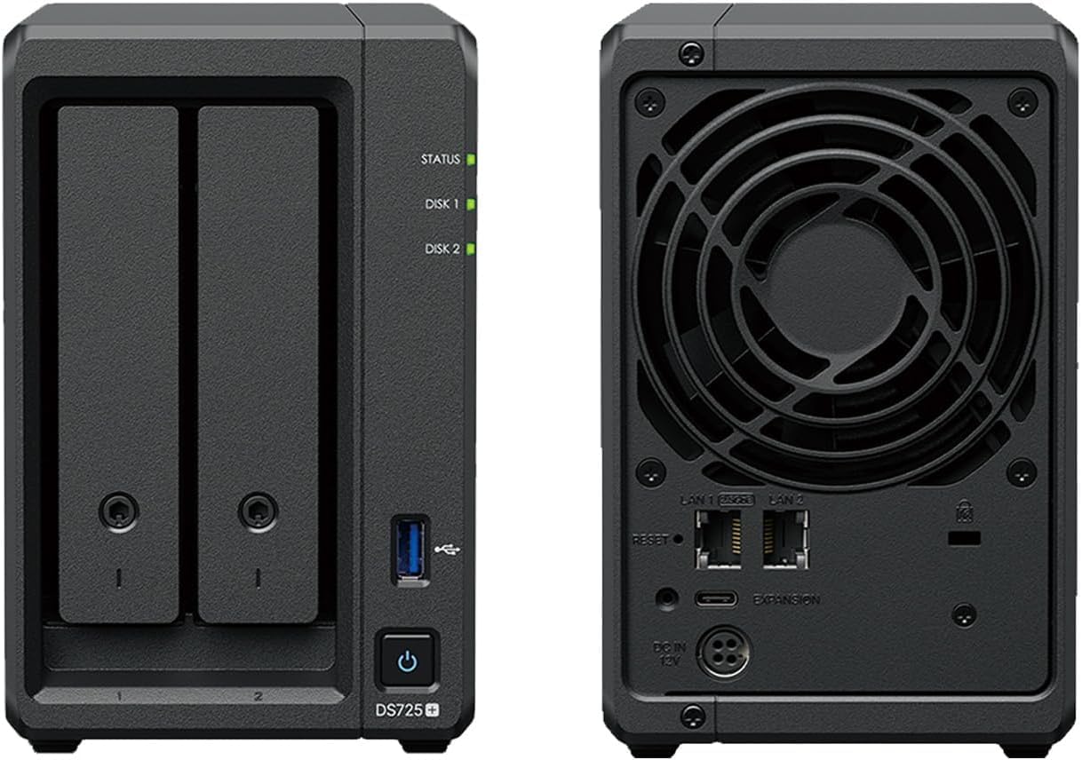 Synology DS725+ 2 sloti 32GB RAM, AMD Ryzen R1600, preconfigurato con 16TB (2 x 8TB HDD), cache da 1TB (2 x 512GB NVMe) + SSD esterno 512GB