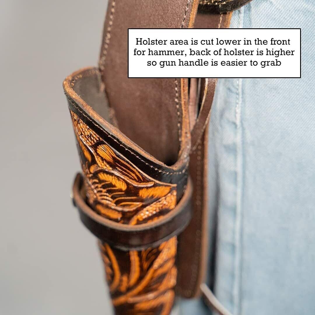 38/357 Caliber Western Leather Gun Holster & Belt - Cowboy Style Single Drop Rig Standard Barrel - Authentic Handmade Hand Tooled