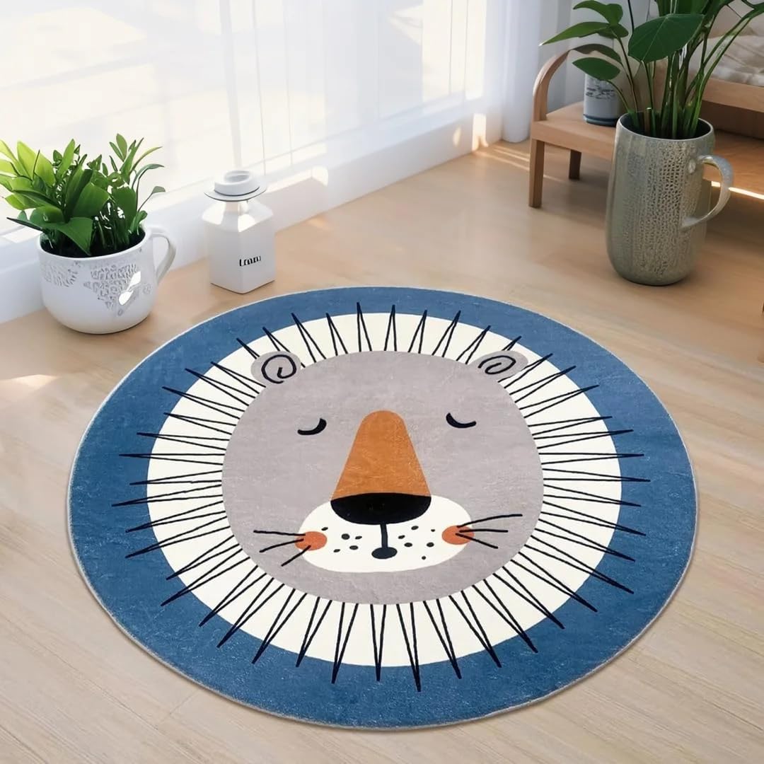 USTIDE Kid Rugs, Animal Play Rug 4Ft Large Round Lion Play Mat, Machine Washable Area Rug, Nonslip Circle Baby Crawling Mat for Boys Girls Floor