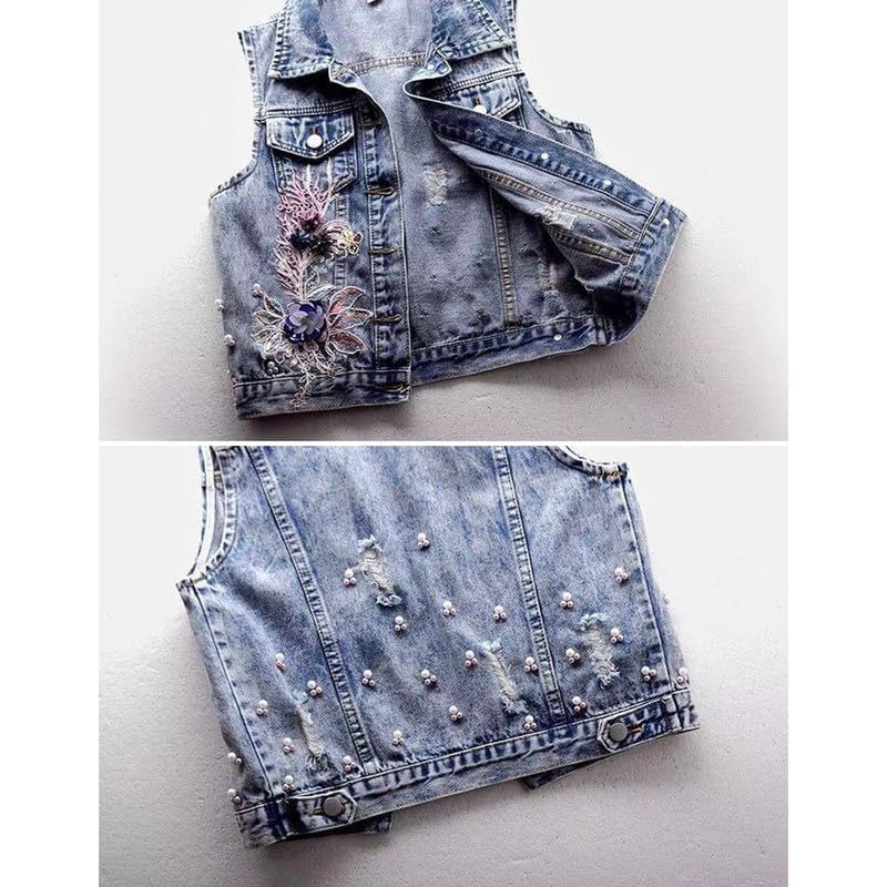 Runstarshow Armlose Denim-Westen für Damen, Knopfleiste, bestickt Blumenmuster, Retro-Jeansjacke, elegant, S-XXL/EU 34-44