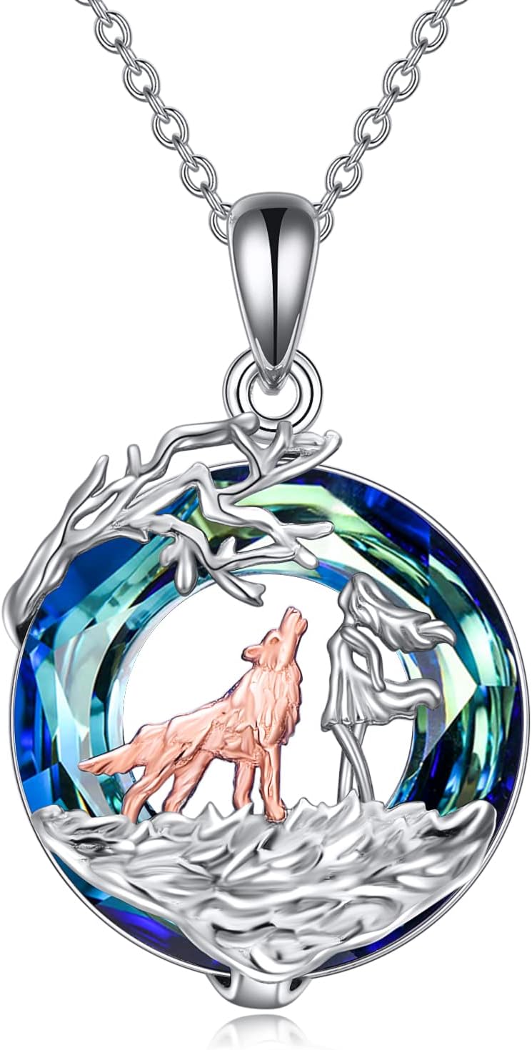 WINNICACA Wolf Horse Necklace Sterling Silver Animal Wolves/Horse Jewelry Gifts for Women Mom Birthday