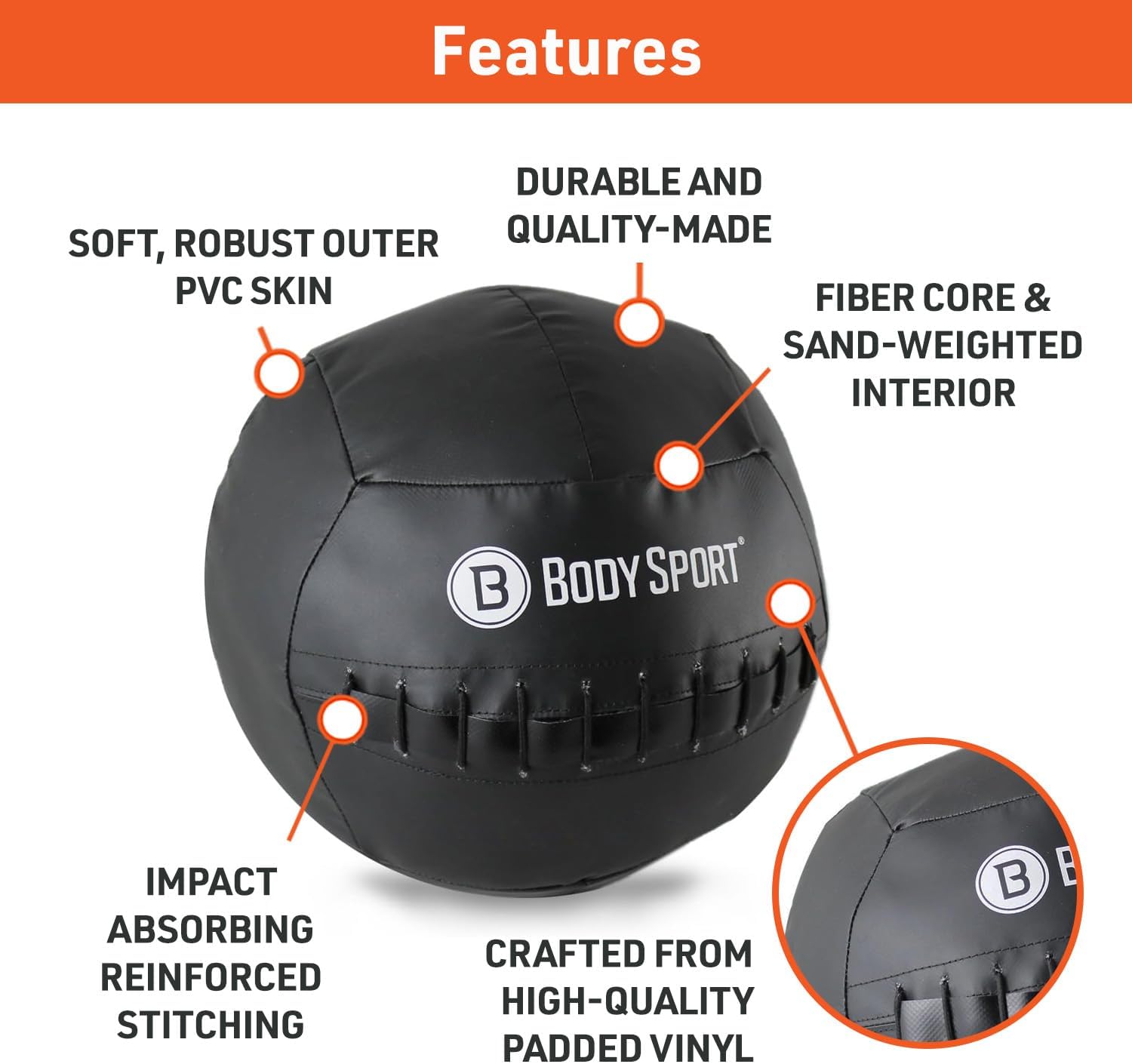 Body Sport Wall Ball – Heavy-Duty Fitness Equipment with Durable Design – Versatile for Strength Training, High-Impact Exercises, and Cross-Training – Ideal for Home Gym and Commercial Use