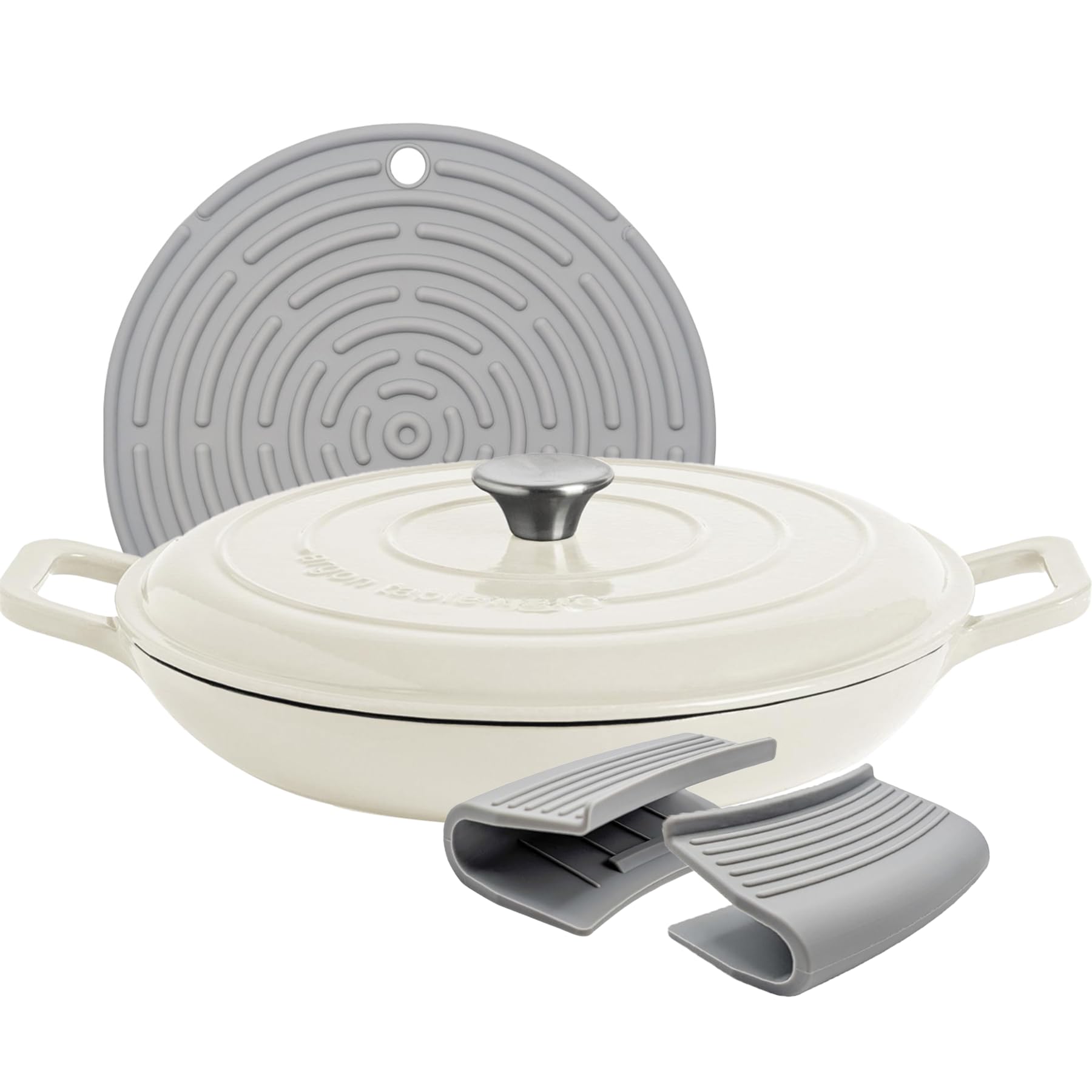 Argon Tableware 2.3L Shallow Cast Iron Casserole Dish with Self-Basting Lid - Pebble Gloss - Induction Hob Cooking 2.43QT Dutch Oven Bread Baking Serving Roasting Stew Stock Pot Pan