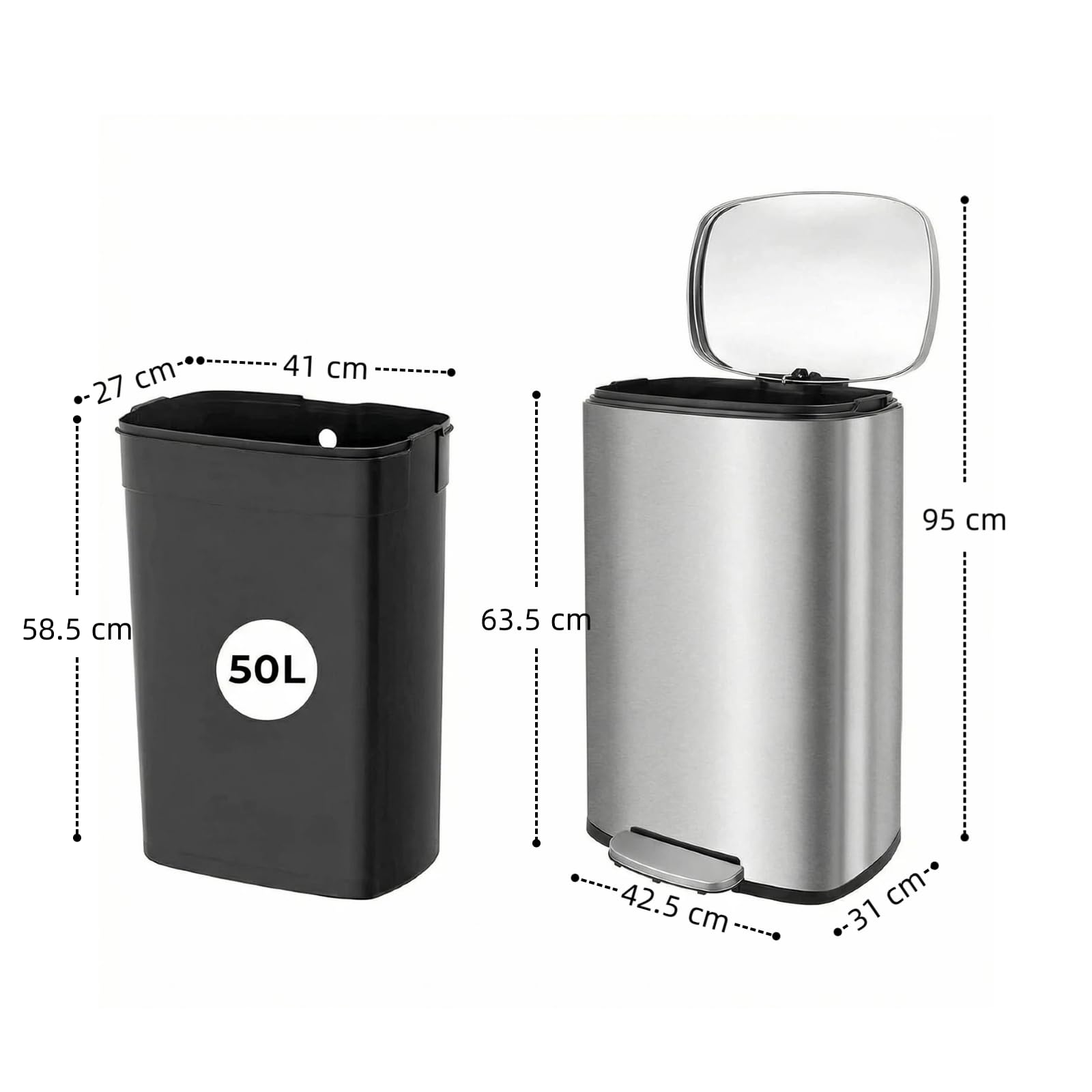 LIFERUN Pattumiera Cucina 50 Litri, Cestino a Pedale in Acciaio con Coperchio a Chiusura Morbida, Secchio Interno, 50 l Cestino per Interno Cucina, Bagno, Ufficio, Argento