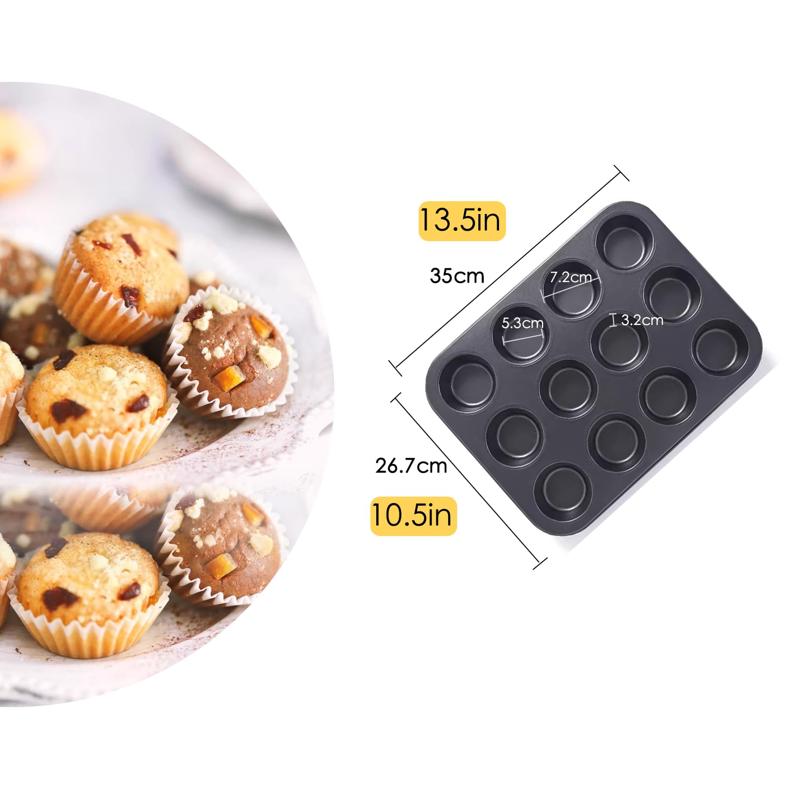 Molde para magdalenas para hornear, molde antiadherente para magdalenas, 12 tazas, paquete de 2 bandejas para tartas, moldes para tartas de queso de alta calidad, color negro
