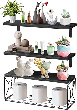 DYUEE Floating Shelf 3Pcs Wooden Wall Mounted Storage Shelves Over Toilet, Rustic shelf, Natural Wood Bathroom Organizer with 1 Wire Strorage Basket, for Home Bedroom Farmhouse Kitchen Office Black