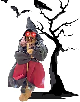 Halloween Talking Witch Decor - Spooky Witch Decor with Sound Activation Function - Hanging Animated Witch with LED Eyes and Spooky Sounds for Halloween Decorations