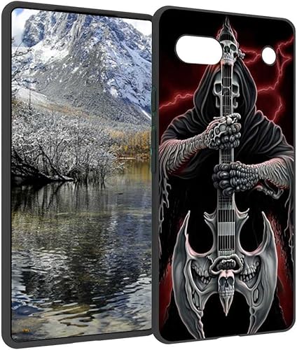 Compatible con Google Pixel 6A, funda de esqueleto de calavera y guitarra de muerte, gráfico aterrador de Halloween para Google Case hombres y