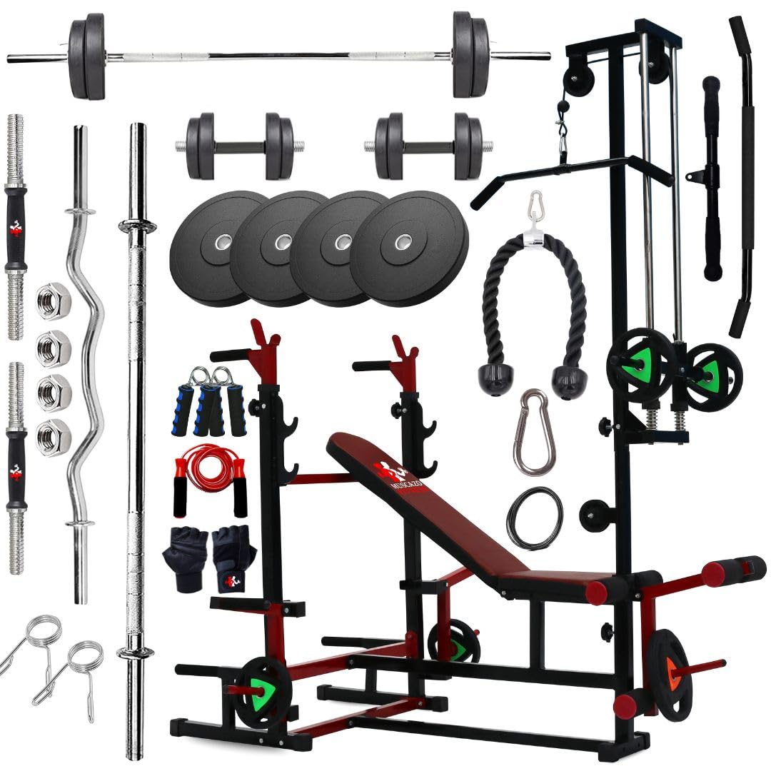 MUSCAZO FITNESS: 20 in 1 Home Gym Bench Pro with 20KG Rubber Weight Plates Combo Kit, Curl Rod, Straight Bar, Dumbbells, Plates, Skipping Rope, Gripper & Gloves, Full Body Workout Set, Ultimate Strength Kit discount deal