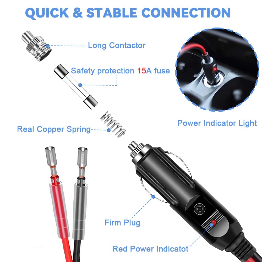 Adaptador para encendedor de cigarrillos, enchufe macho de 12 V, con cables y luz LED, fusible de 16 AWG/15 A, 1 pies/2 unidades (1 # 1 to2)