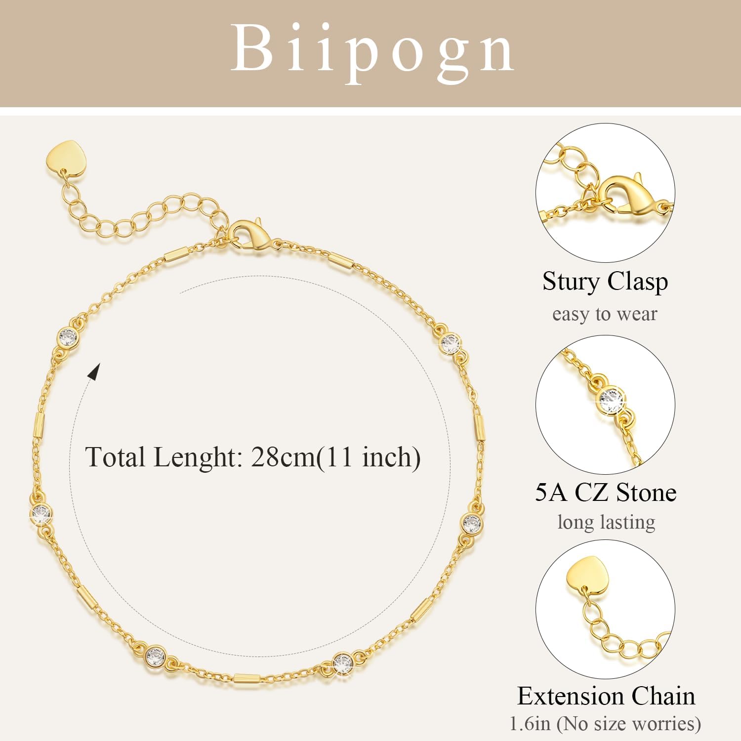Anklets for Women Gold Ankle Bracelets for Women 14K Gold Anklets for Womens Non Tarnish Scattered CZ and Sleek Accents Gold Ankle Bracelet for Womens Ankle Bracelets 24+4cm