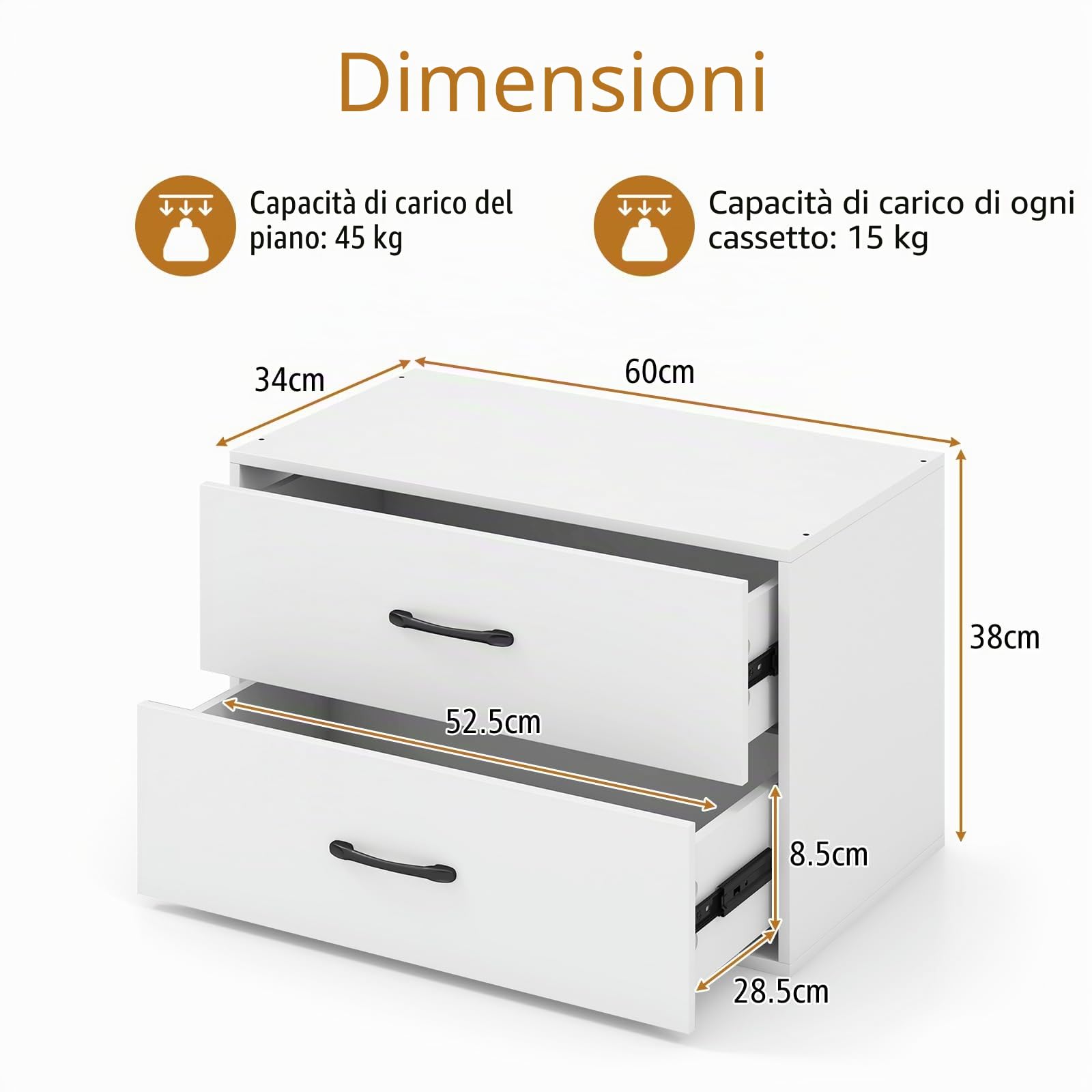 KOMFOTTEU Cassettiera con 2 cassetti, dispositivo antiribaltamento, piccolo mobile in legno, per camera da letto, soggiorno, ufficio, comodino, 60 x 34 x 38 cm (bianco)