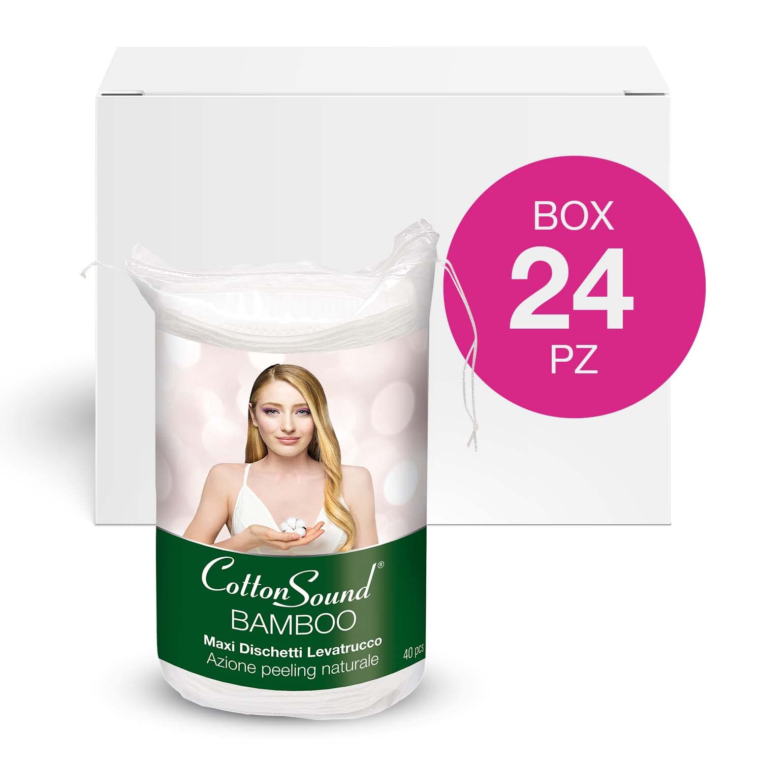 COTTON SOUND BAMBOO Maxi Dyskietki do demakijażu 24 opakowania x 40 sztuk, 100% bawełniane dyskietki z włóknem bambusowym, Naturalne Działanie Pelling, Gładka strona i wytłoczona strona, Made in Italy