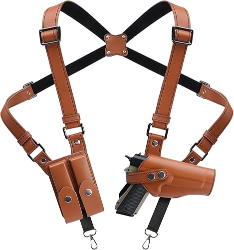 Miniatura 8 de Shoulder Holster General Vertical Gun Holster Adjustable PU Leather for Concealed Carry with Double Magazine Pouch - Fit 1911 Most Kinds of Pistols